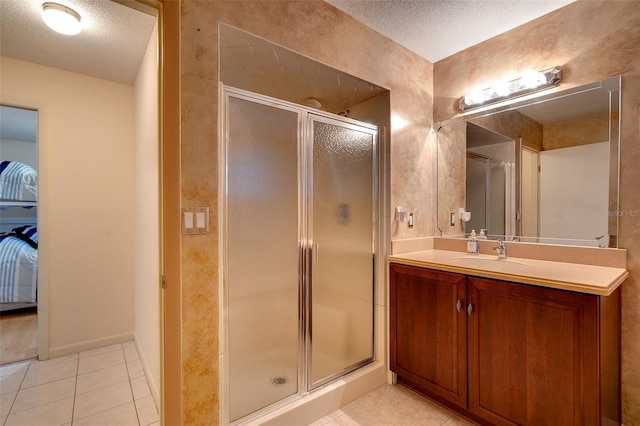 29 Cherrytree Ct, Palm Coast, FL 32137 - full bathroom with a shower stall, a textured ceiling, tile patterned flooring, and vanity