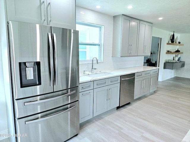 13 Sunrise Ave, Ormond Beach, FL 32176 - kitchen with appliances with stainless steel finishes, gray cabinets, a sink, light wood finished floors, and recessed lighting