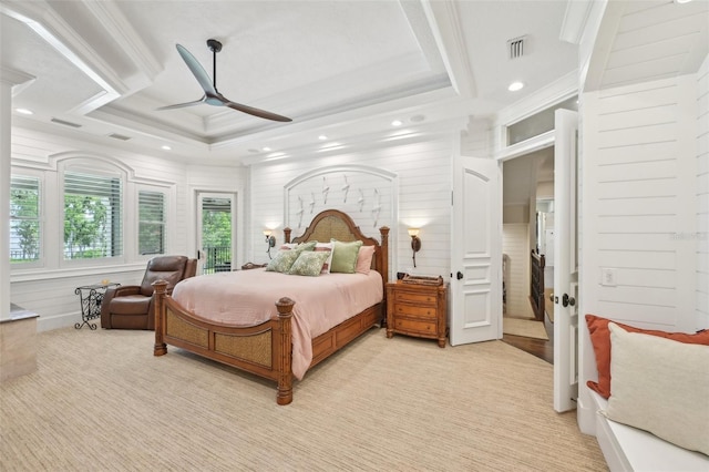 140 Monterey Bay Ln, Green Cove Springs, FL 32043 - bedroom featuring crown molding, recessed lighting, ceiling fan, coffered ceiling, and light carpet