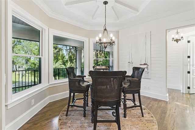 140 Monterey Bay Ln, Green Cove Springs, FL 32043 - dining area with a chandelier, healthy amount of natural light, crown molding, beam ceiling, and dark wood-style flooring