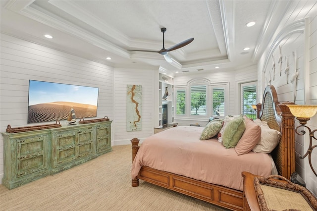 140 Monterey Bay Ln, Green Cove Springs, FL 32043 - bedroom with crown molding, a raised ceiling, light colored carpet, recessed lighting, and a ceiling fan