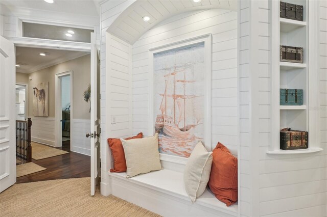 140 Monterey Bay Ln, Green Cove Springs, FL 32043 - hallway with ornamental molding, wood finished floors, a wainscoted wall, and recessed lighting