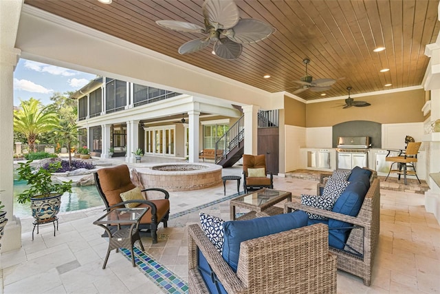 140 Monterey Bay Ln, Green Cove Springs, FL 32043 - view of patio / terrace featuring a ceiling fan, an outdoor living space with a fire pit, an outdoor pool, and stairs