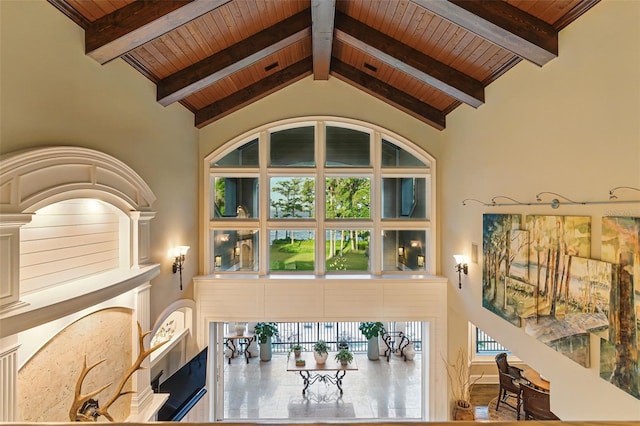 140 Monterey Bay Ln, Green Cove Springs, FL 32043 - living area featuring wooden ceiling with exposed beams and high vaulted ceiling