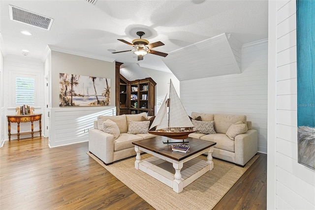 140 Monterey Bay Ln, Green Cove Springs, FL 32043 - living room with wood finished floors, a ceiling fan, and ornamental molding