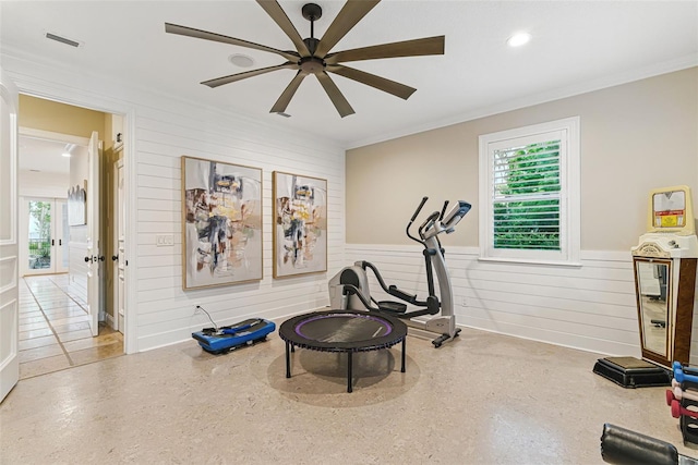 140 Monterey Bay Ln, Green Cove Springs, FL 32043 - workout area with a ceiling fan, a wainscoted wall, ornamental molding, and wooden walls
