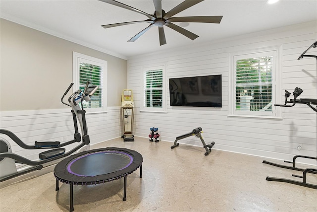 140 Monterey Bay Ln, Green Cove Springs, FL 32043 - workout room with crown molding, ceiling fan, plenty of natural light, wooden walls, and a wainscoted wall