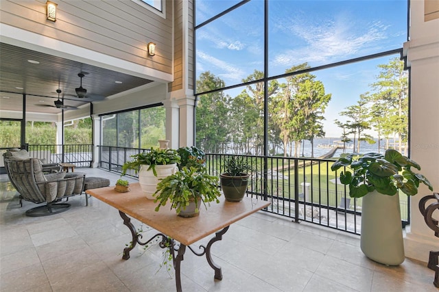 140 Monterey Bay Ln, Green Cove Springs, FL 32043 - sunroom with ceiling fan and a water view