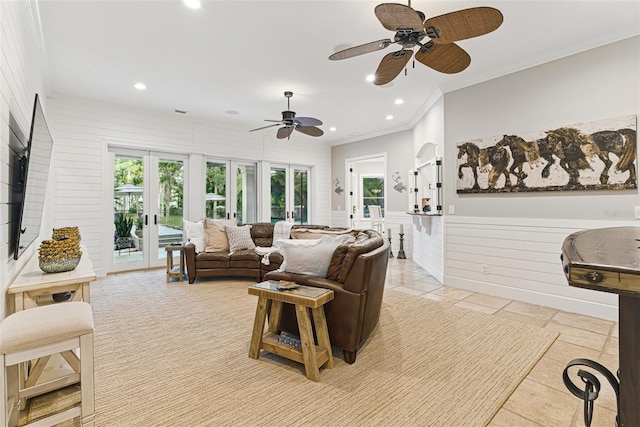 140 Monterey Bay Ln, Green Cove Springs, FL 32043 - living area with a ceiling fan, recessed lighting, french doors, and ornamental molding