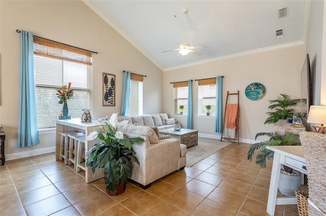 200 Bella Harbor Ct Unit 113, Palm Coast, FL 32137 - living area featuring a ceiling fan, light tile patterned floors, ornamental molding, baseboards, and high vaulted ceiling