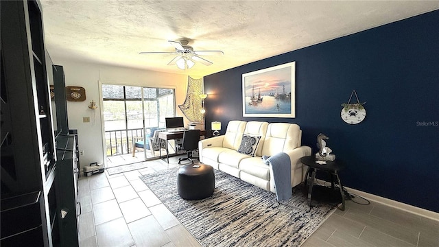1640 Juno Trl Unit 202E, Astor, FL 32102 - living area with ceiling fan, a textured ceiling, and a desk