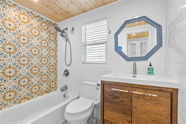 129 Dundee Rd, Daytona Beach, FL 32118 - full bath with tile walls, vanity, shower / tub combination, toilet, and wood ceiling