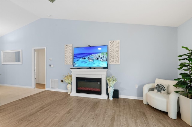 217 Birchwood Dr, Palm Coast, FL 32137 - living room with vaulted ceiling, wood finished floors, a glass covered fireplace, and baseboards