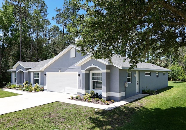 217 Birchwood Dr, Palm Coast, FL 32137 - ranch-style home with a front lawn, an attached garage, driveway, stucco siding, and roof with shingles