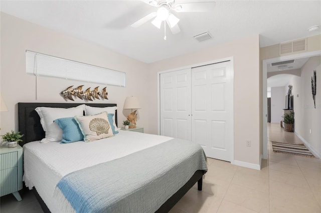 217 Birchwood Dr, Palm Coast, FL 32137 - bedroom with a closet, light tile patterned floors, ceiling fan, and baseboards