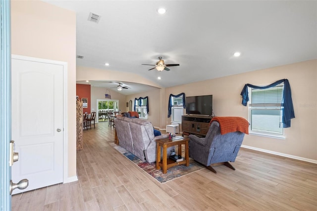 65 Lob Wedge Ln, Bunnell, FL 32110 - living area with ceiling fan, baseboards, light wood-type flooring, vaulted ceiling, and recessed lighting