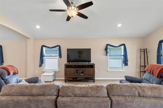 65 Lob Wedge Ln, Bunnell, FL 32110 - living area featuring wood finished floors, a ceiling fan, baseboards, and recessed lighting