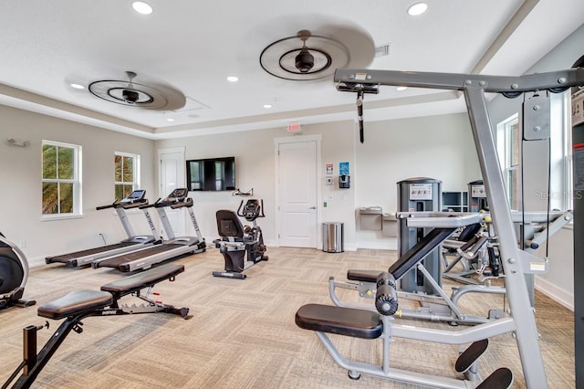 65 Lob Wedge Ln, Bunnell, FL 32110 - exercise room with recessed lighting, carpet flooring, baseboards, a ceiling fan, and a raised ceiling