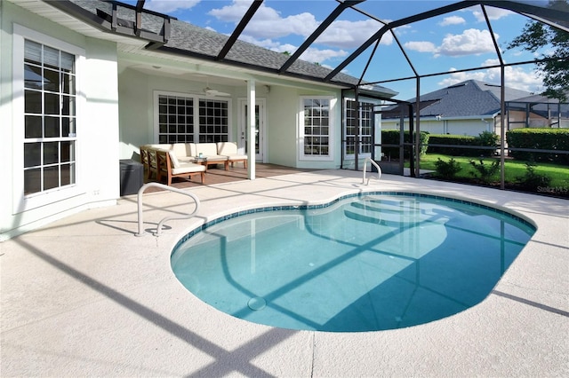 775 Blackmoor Gate Ln, Saint Augustine, FL 32084 - swimming pool with a patio, an outdoor hangout area, ceiling fan, and a lanai