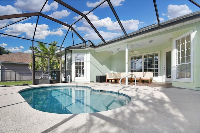 775 Blackmoor Gate Ln, Saint Augustine, FL 32084 - swimming pool featuring a patio area, an outdoor living space, ceiling fan, and glass enclosure