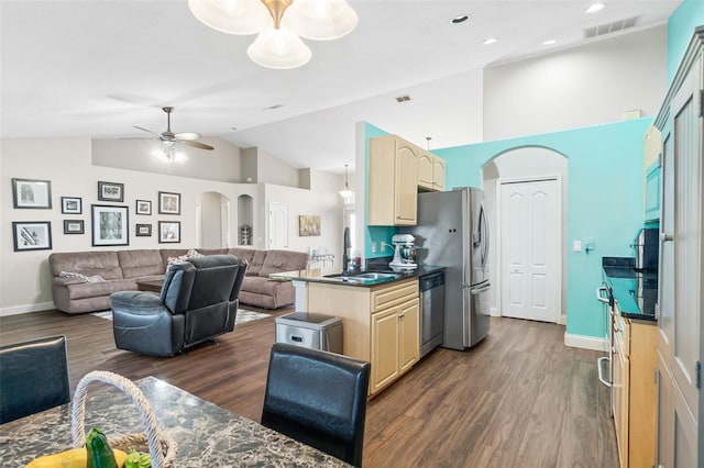 8 Buttermill Dr, Palm Coast, FL 32137 - kitchen with a sink, arched walkways, appliances with stainless steel finishes, ceiling fan, and dark countertops