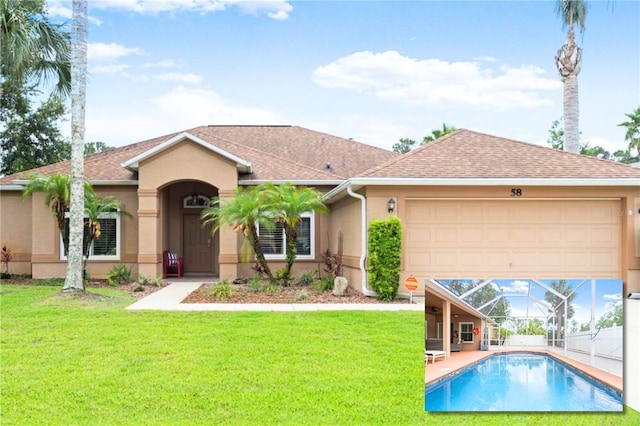 58 Slocum Path, Palm Coast, FL 32164 - view of front of house featuring stucco siding, a shingled roof, and a front lawn