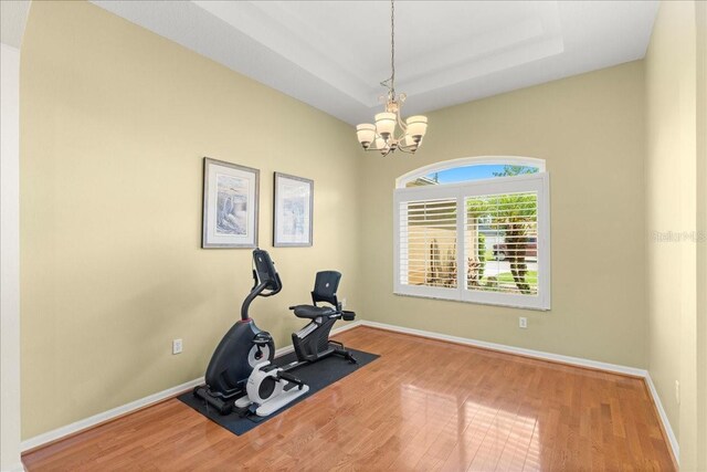 58 Slocum Path, Palm Coast, FL 32164 - workout area with a chandelier, wood finished floors, baseboards, and a raised ceiling