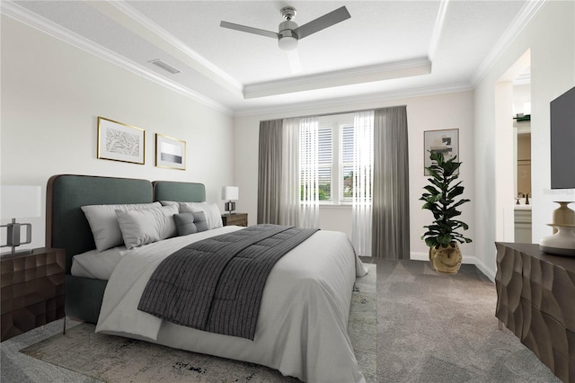 13 Las Brisas Way, Palm Coast, FL 32137 - carpeted bedroom featuring a tray ceiling, ornamental molding, a ceiling fan, and baseboards