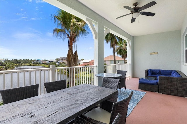 1200 Cinnamon Beach Way Unit 1133, Palm Coast, FL 32137 - view of patio / terrace with a water view, ceiling fan, outdoor dining space, and an outdoor hangout area