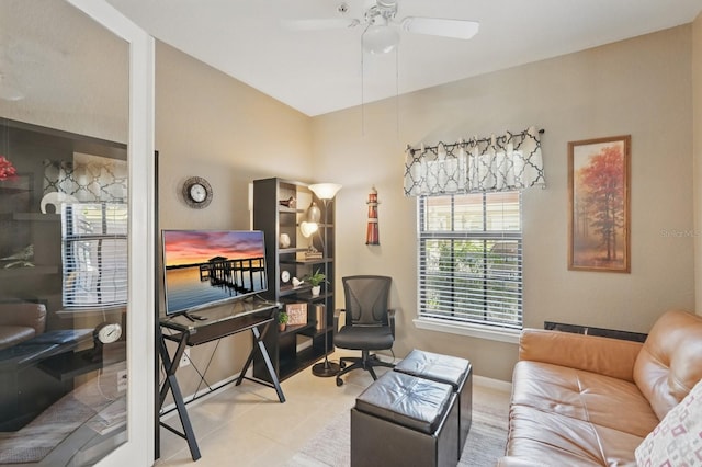 300 Via Castilla Unit 103, Saint Augustine, FL 32095 - office area with ceiling fan, light tile patterned floors, and baseboards