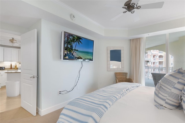 200 Ocean Crest Dr Unit 605, Palm Coast, FL 32137 - bedroom featuring access to outside, crown molding, a ceiling fan, and light tile patterned flooring