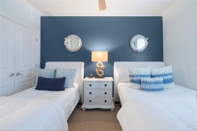 200 Ocean Crest Dr Unit 605, Palm Coast, FL 32137 - carpeted bedroom with crown molding, a closet, and ceiling fan