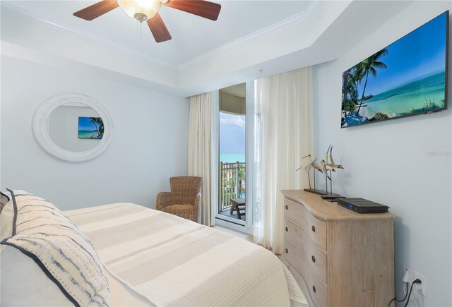 200 Ocean Crest Dr Unit 605, Palm Coast, FL 32137 - bedroom with access to outside, ornamental molding, and ceiling fan