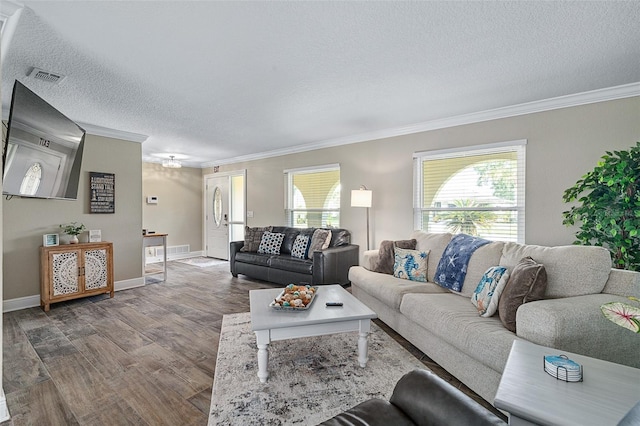 7 Fleming Ct, Palm Coast, FL 32137 - living area with crown molding, wood finished floors, a textured ceiling, and baseboards