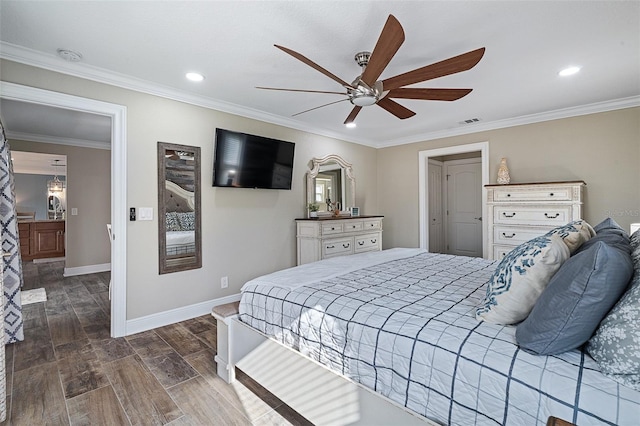 7 Fleming Ct, Palm Coast, FL 32137 - bedroom with wood finished floors, baseboards, crown molding, recessed lighting, and a ceiling fan