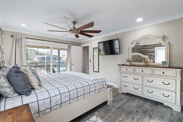 7 Fleming Ct, Palm Coast, FL 32137 - bedroom with access to exterior, baseboards, ornamental molding, dark wood finished floors, and ceiling fan