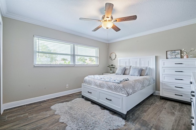 7 Fleming Ct, Palm Coast, FL 32137 - bedroom featuring dark wood-type flooring, ornamental molding, baseboards, a ceiling fan, and a textured ceiling