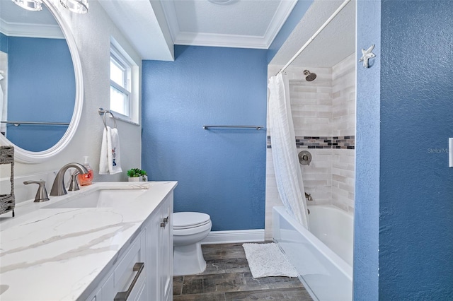 7 Fleming Ct, Palm Coast, FL 32137 - full bathroom with crown molding, a textured wall, vanity, toilet, and wood finished floors