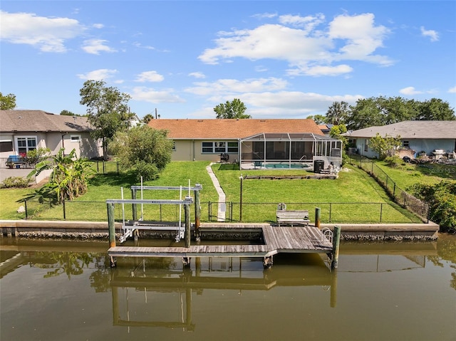 7 Fleming Ct, Palm Coast, FL 32137 - dock area featuring a water view, boat lift, and a lanai