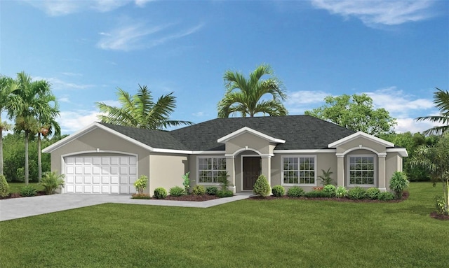 40 Wellwater Dr, Palm Coast, FL 32164 - ranch-style home featuring an attached garage, a front lawn, driveway, stucco siding, and a shingled roof