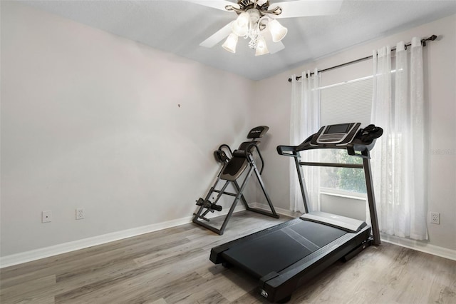 115 Bay Lake Dr, Ormond Beach, FL 32174 - workout room with wood finished floors, baseboards, and ceiling fan