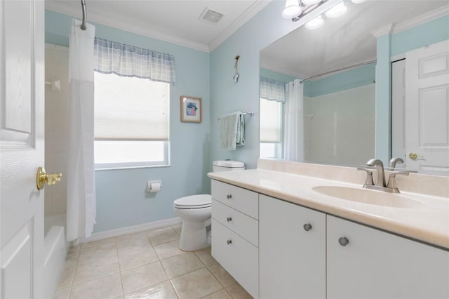 115 Bay Lake Dr, Ormond Beach, FL 32174 - full bath featuring ornamental molding, vanity, shower / tub combo, toilet, and tile patterned floors