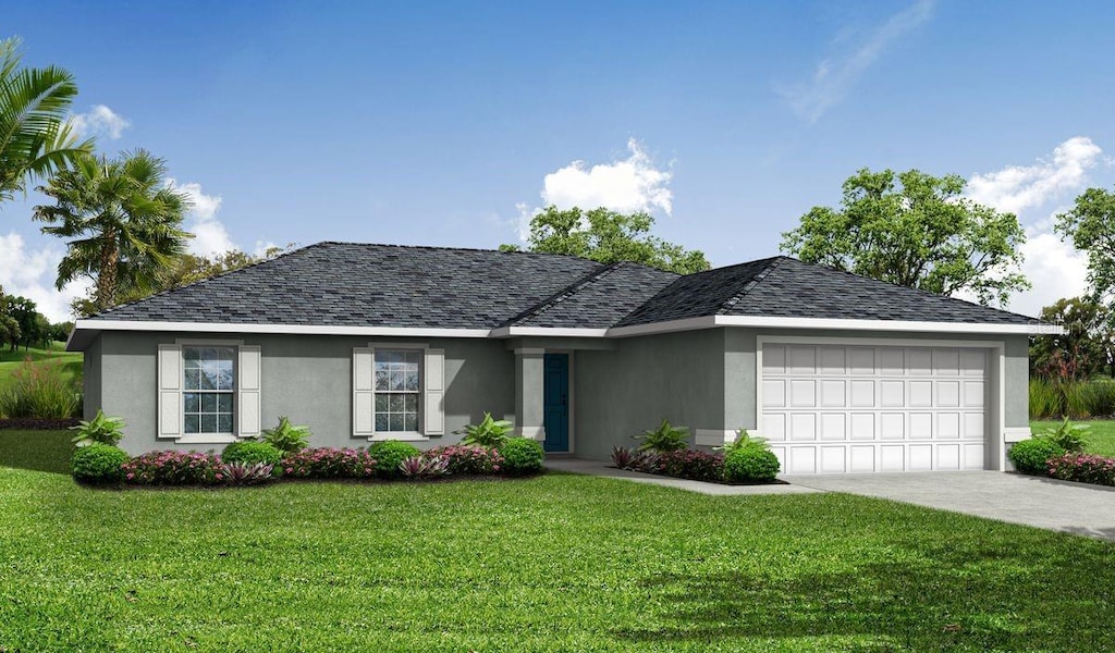 145 Pritchard Dr, Palm Coast, FL 32164 - single story home featuring stucco siding, a garage, a front yard, and driveway