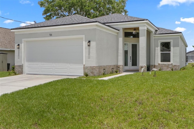 56 Columbia Ln, Palm Coast, FL 32137 - view of front of property with a shingled roof, concrete driveway, stucco siding, an attached garage, and a front lawn