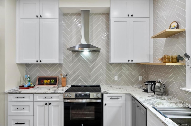 56 Columbia Ln, Palm Coast, FL 32137 - kitchen featuring open shelves, appliances with stainless steel finishes, wall chimney exhaust hood, and white cabinetry