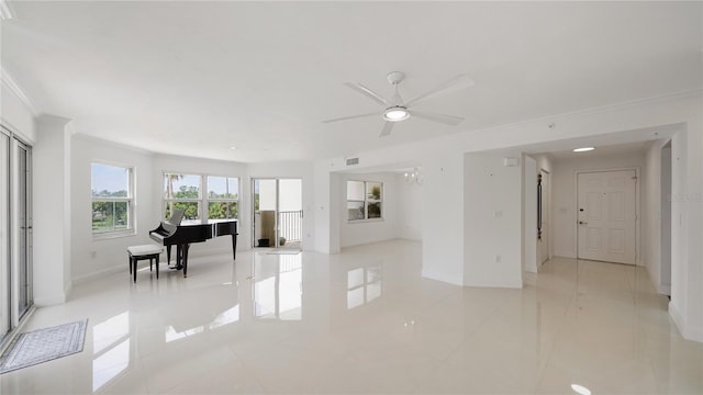 1 John Anderson Dr Unit 2180, Ormond Beach, FL 32176 - living area with ornamental molding, baseboards, a ceiling fan, and light tile patterned flooring