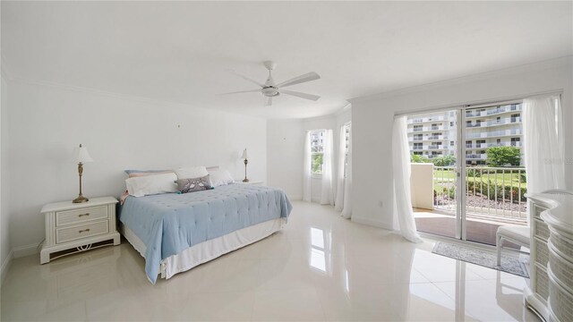 1 John Anderson Dr Unit 2180, Ormond Beach, FL 32176 - bedroom with crown molding, access to outside, baseboards, light tile patterned flooring, and ceiling fan