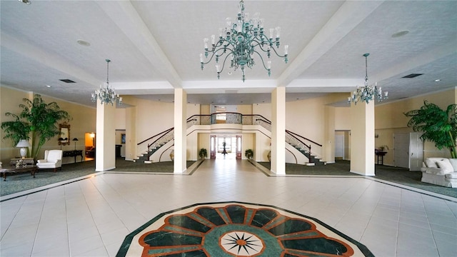 1 John Anderson Dr Unit 2180, Ormond Beach, FL 32176 - lobby featuring stairs, beamed ceiling, and a high ceiling