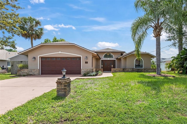 18 Woodhollow Ln, Palm Coast, FL 32164 - view of front of property with stucco siding, stone siding, a front lawn, concrete driveway, and a garage