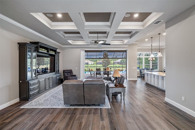 514 Wingspan Dr, Ormond Beach, FL 32174 - living area featuring crown molding, dark wood finished floors, baseboards, coffered ceiling, and beamed ceiling